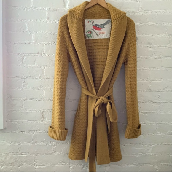 Anthropologie Sweaters - Anthropologie Robin Wool Blend Long Belted Cardigan Sweater Mustard Yellow Sz M